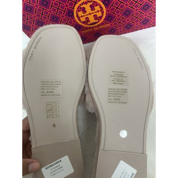 TORY BURCH SHEARLING SLIDE SANDAL SHELL PINK /GOLD TRIM DOUBLE LOGO SZ US 6 NEW - Picture 8 of 10
